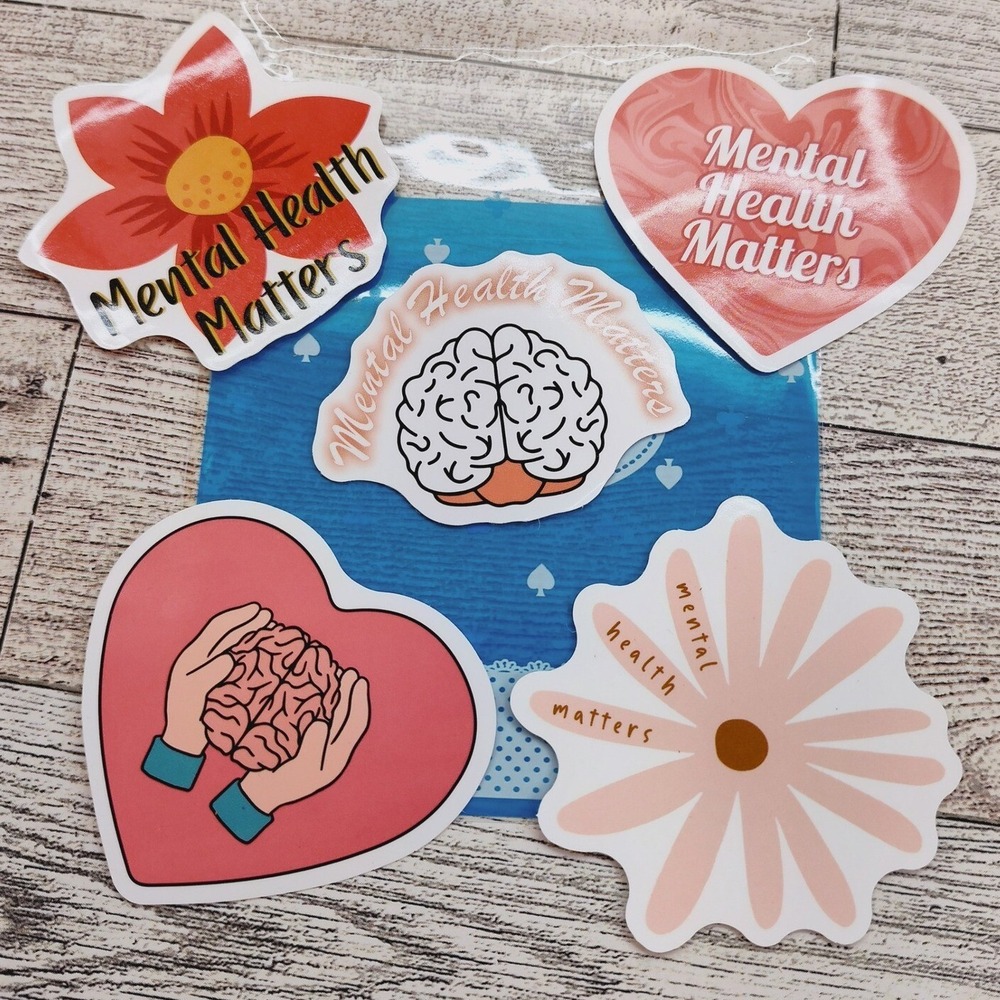 Mental Health Matters Stickers 5pc Set - Pink Demure Flowers Heart Brain 2.5"